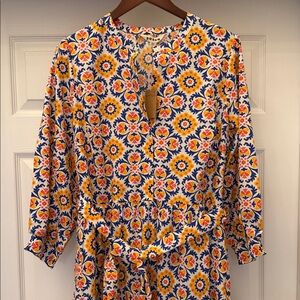 Boden NEW Tile Print Maxi Dress NWT Blue Yellow XL 16 18 Boho Cotton Shirt Dress